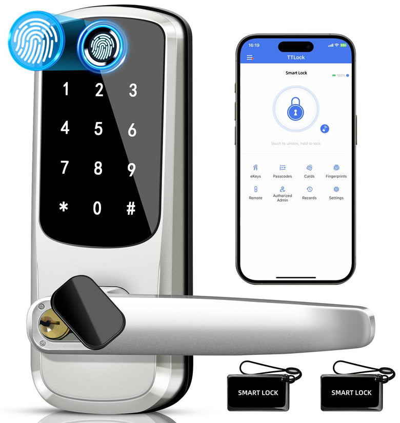 Smart Door Lock with Handle,Keyless Entry Door Lock,8-in-1 Fingerprint Door Lock with Keypad - Deadbolt Lock for Front Door Lock - Digital Electronic Door Lock with Code & APP Control (Sliver)